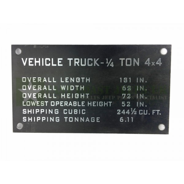 Willys MB Shipping Tag Plate -  ECJ-W-PLATE-001